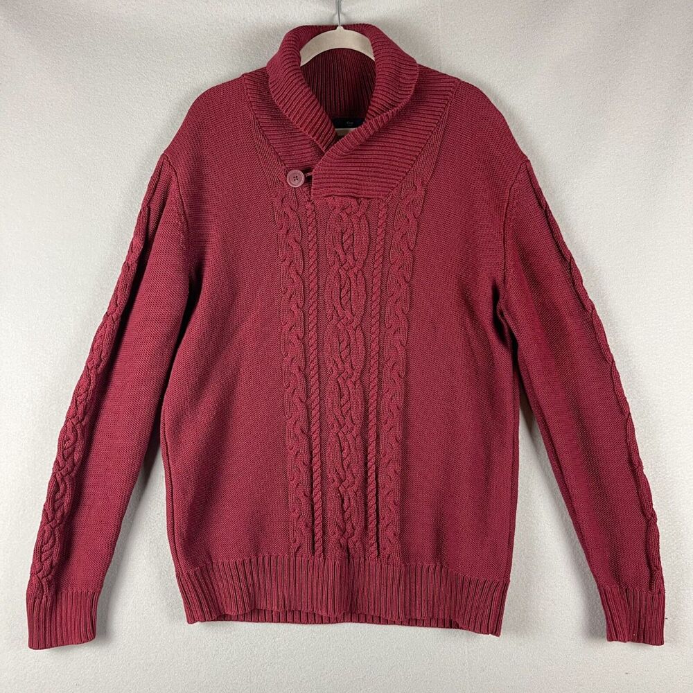 Gap Shawl‎ Collar Sweater Mens XL Red Cable Knit Cotton Fisherman Grandpa Chunky